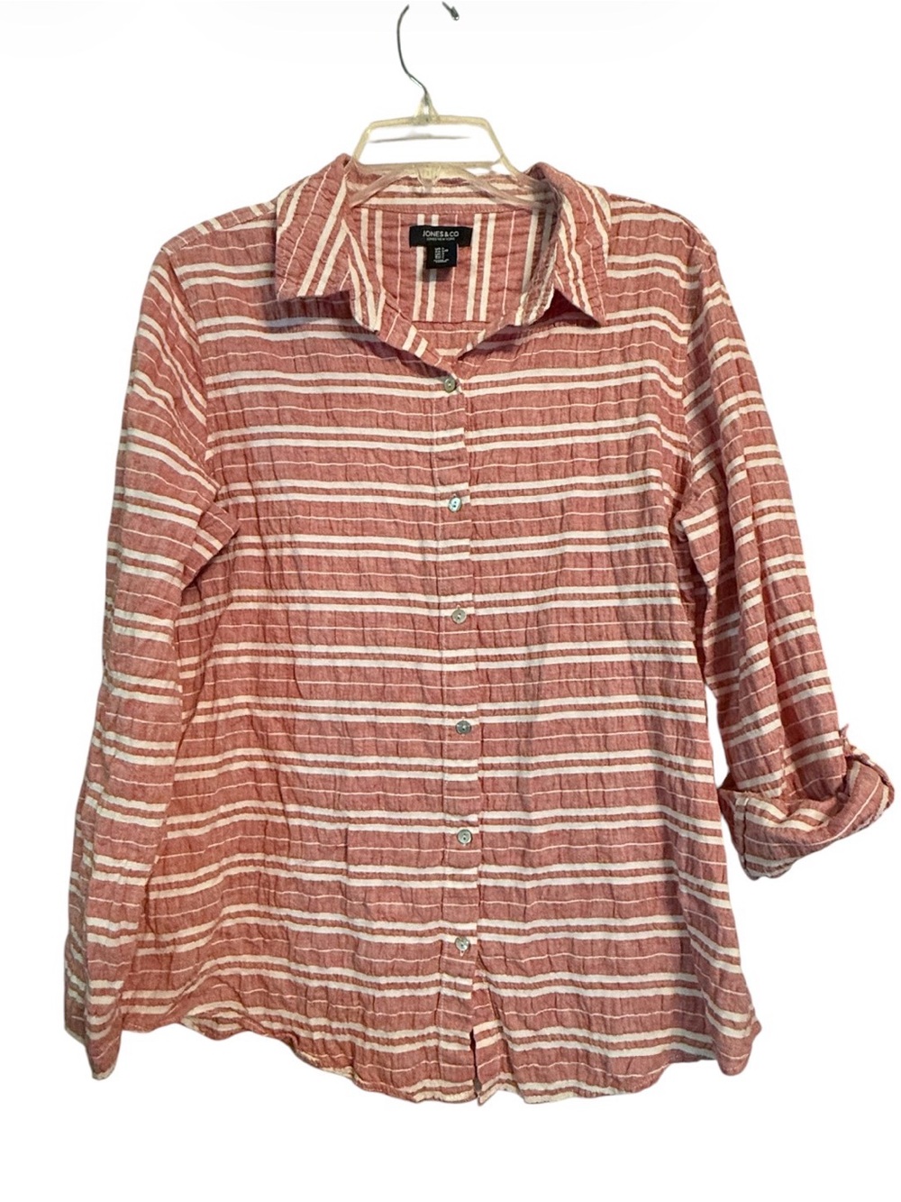 Vintage Jones New York Linen Blend Brick Stripe Tab Sleeve Blouse L